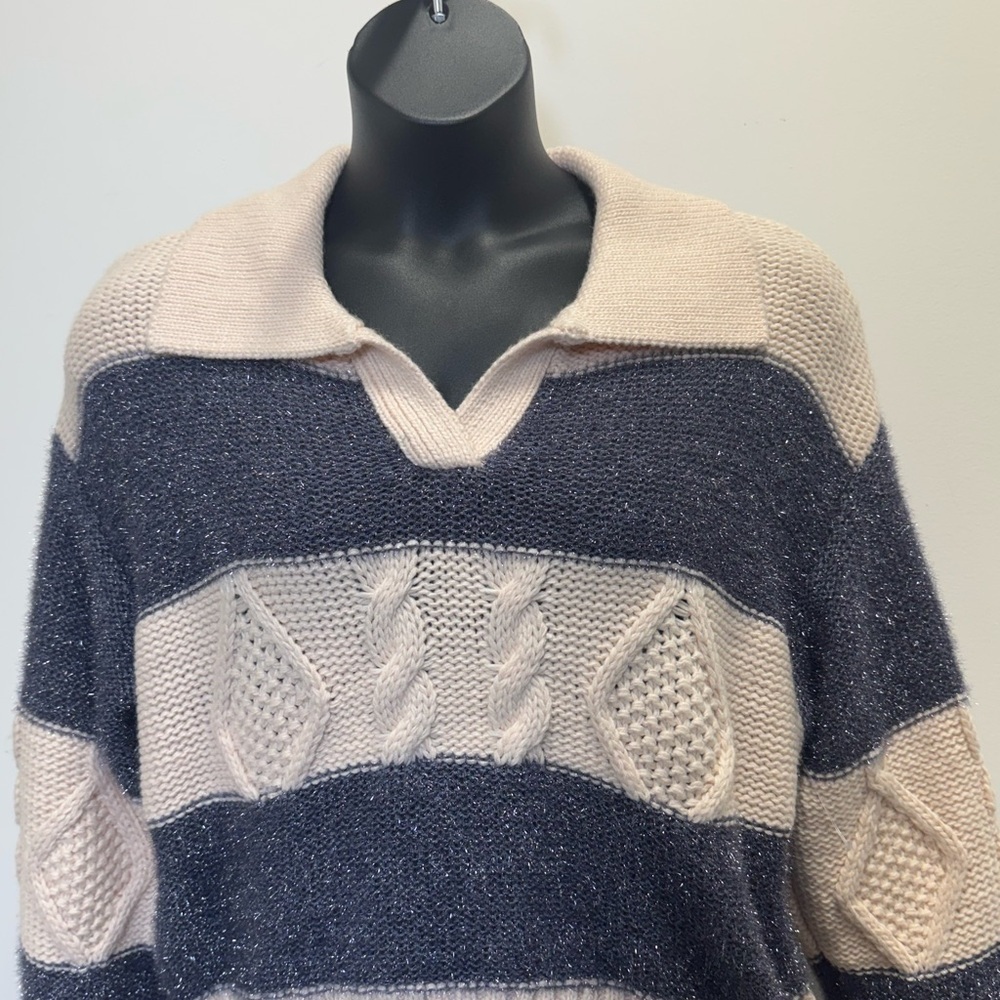 Lush Soft Pink/Peachy & Grey Metallic Stripe Knit Sweater – Size XL NWT